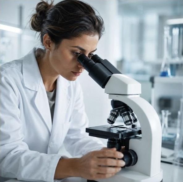 Researcher examining a sample under a microscope in a lab