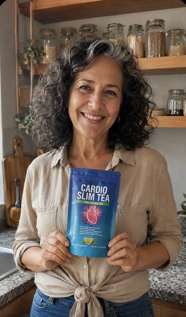 Diane holding Cardio Slim Tea in her kitchen